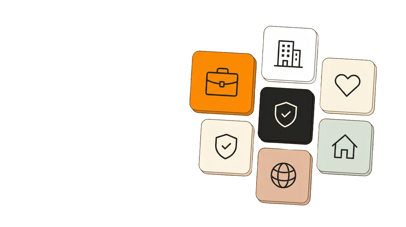 Sei pittogrammi rappresentano i settori serviti da Agent24: HR, hospitality, studi medici, assicurazioni, viaggi, immobiliare