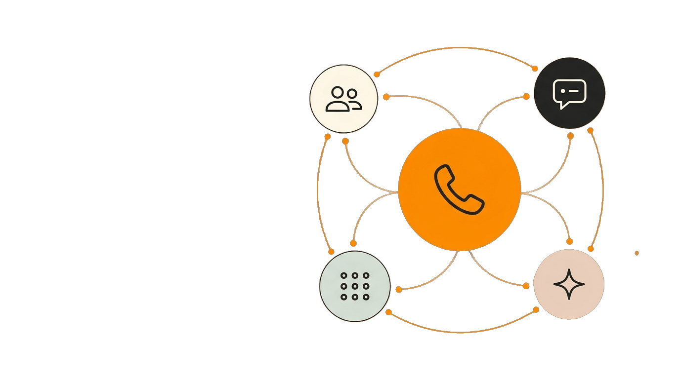 Sei pittogrammi rappresentano le soluzioni AI vocali di Agent24: segretaria, collaboratore, assistenza clienti, centralino, agenti su misura